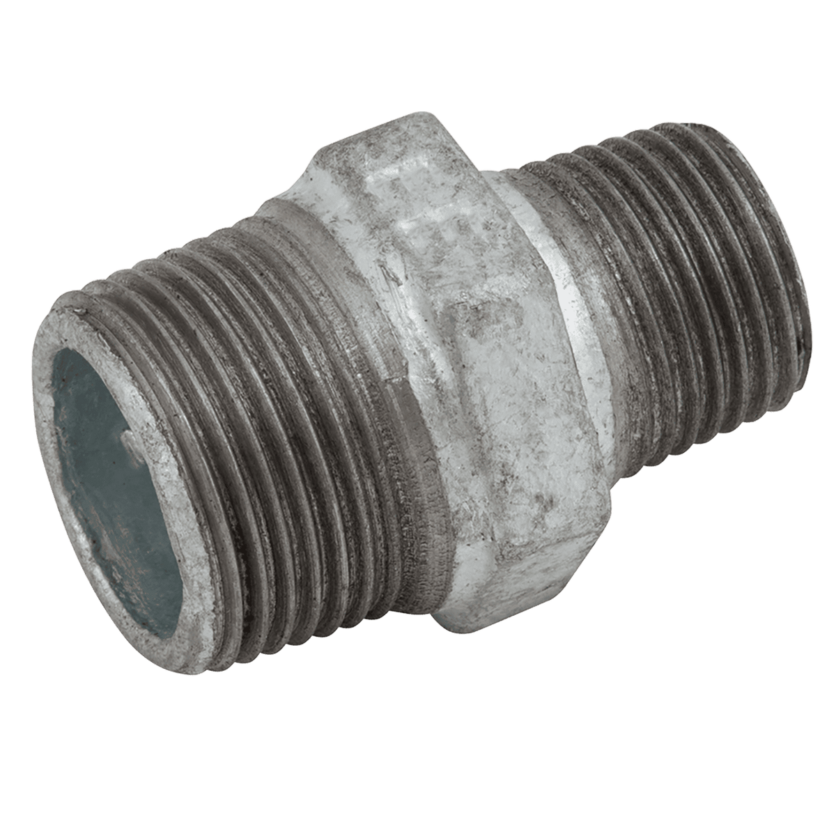 1.1/4" BSPT x 1" BSPT Galvanised Malleable Iron Reducing Male/Male Hexagon Nipple